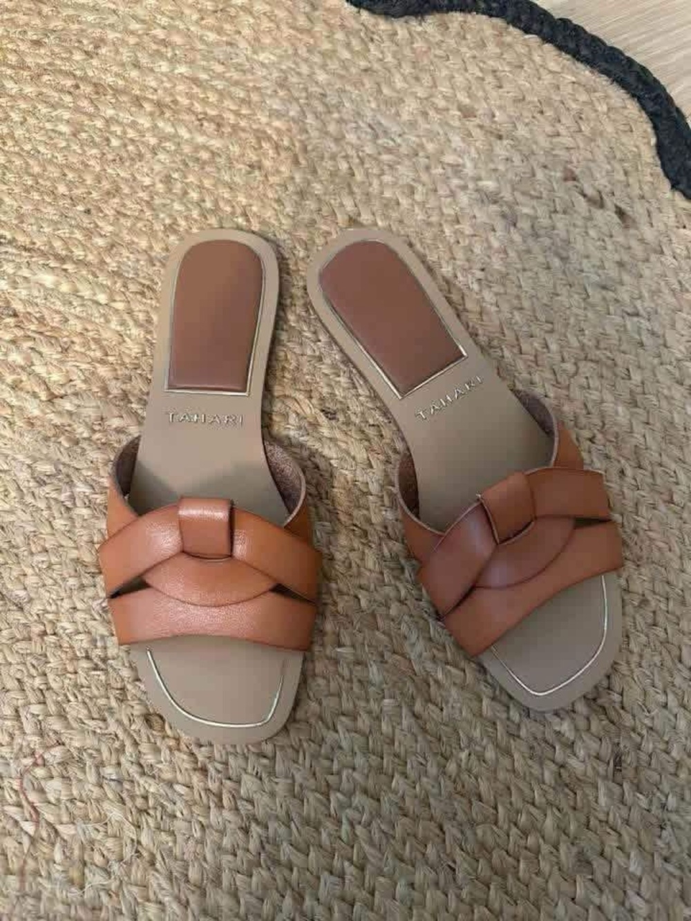 Tahari Brown Woven Knot Slide Sandals